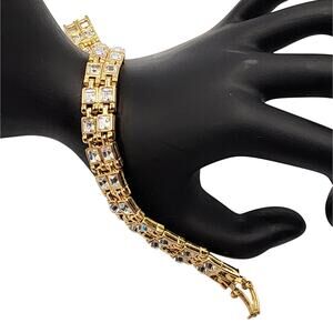 80s Statement Tennis Bracelet Golden Double Row Faux Bezel Set Square Cut Glass